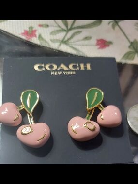 COACH Pink Cherry Enamel Drop Earrings with Green Leaves